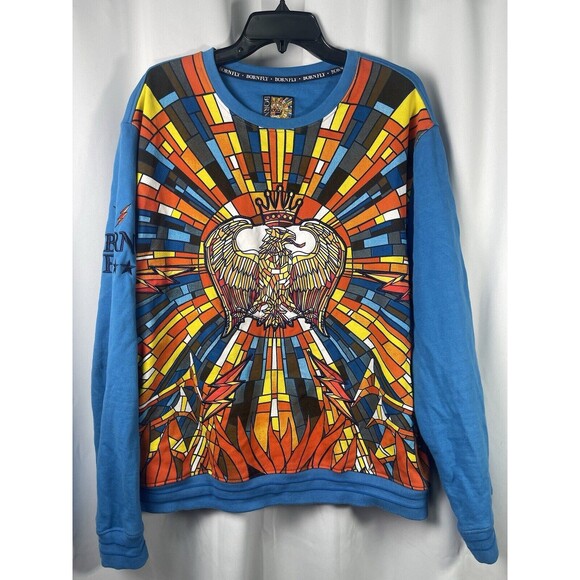 BORN FLY Colorful Graphic Pull Over Pocket Sweatshirt Sz XL - Picture 1 of 8